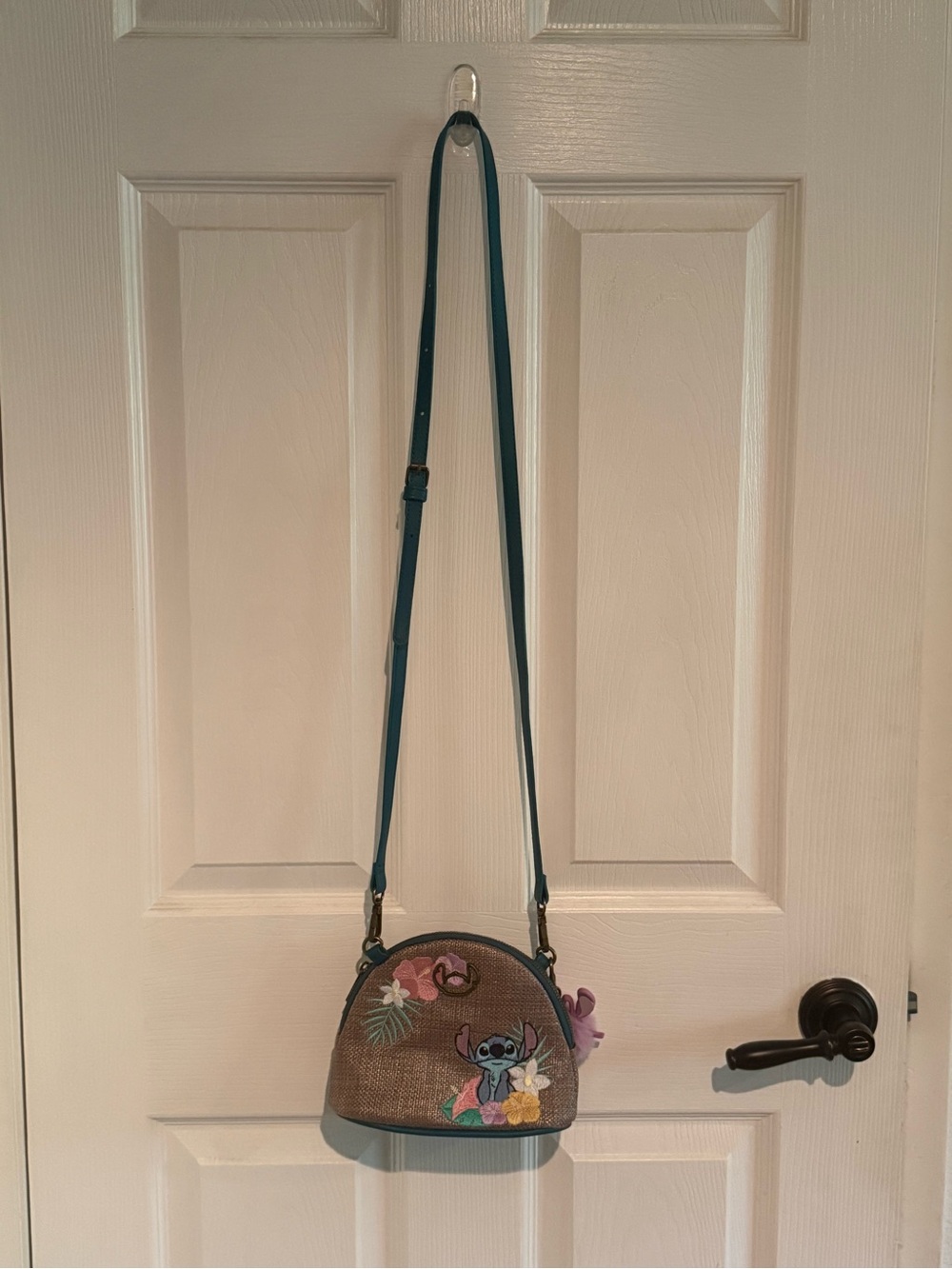 Stitch Teal Strap Brown Crossbody Bag with Floral Stitching